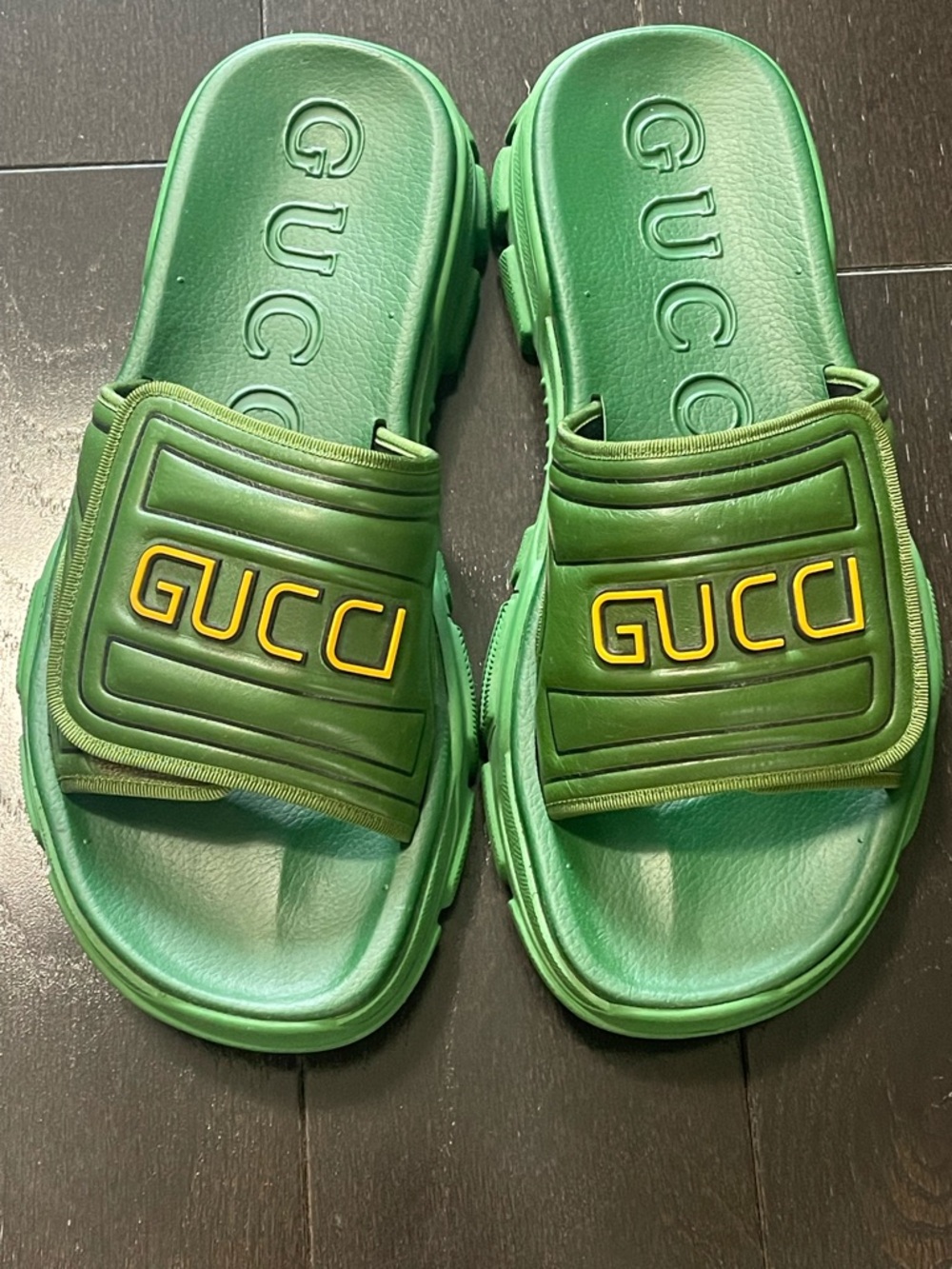 Gucci Green Slide Sandals with Yellow Logo Accent